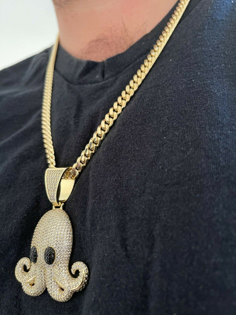 Italiano Silver, Inc Solid 925 Sterling Silver 14K Gold Octopus Emoji Pendant Diamond Hip Hop Iced