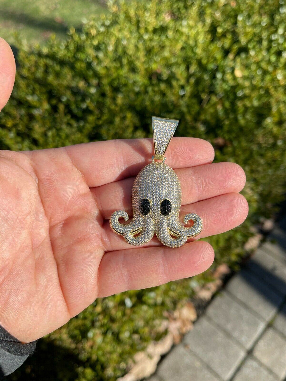Italiano Silver, Inc Solid 925 Sterling Silver 14K Gold Octopus Emoji Pendant Diamond Hip Hop Iced