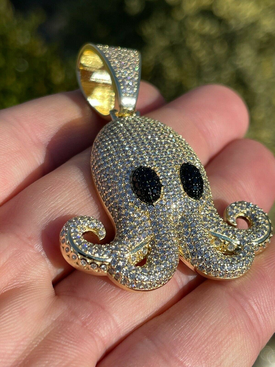 Italiano Silver, Inc Solid 925 Sterling Silver 14K Gold Octopus Emoji Pendant Diamond Hip Hop Iced