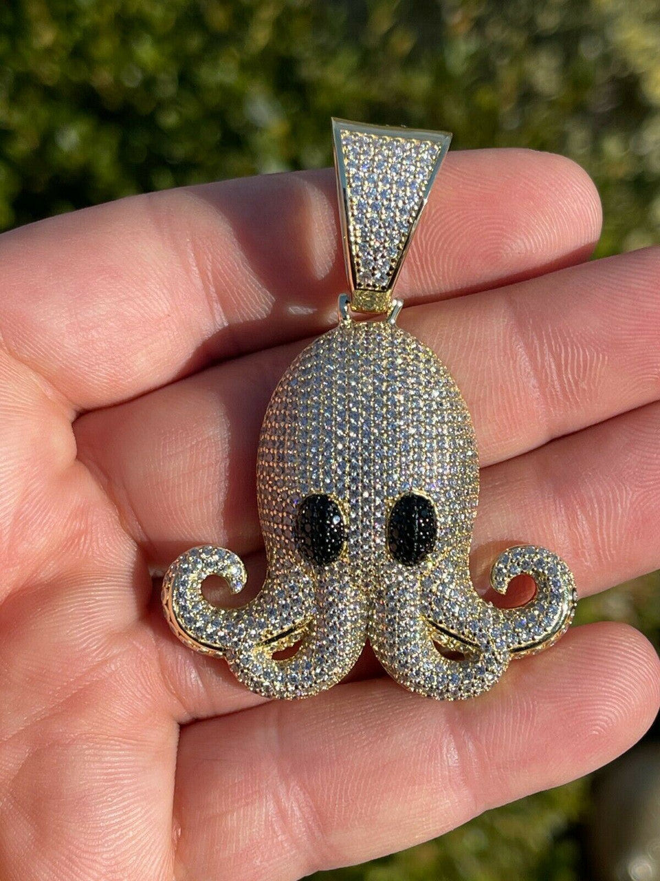 Italiano Silver, Inc Solid 925 Sterling Silver 14K Gold Octopus Emoji Pendant Diamond Hip Hop Iced