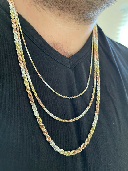 Italiano Silver, Inc Solid 925 Sterling Silver and Yellow Rose Gold Tri Color Rope Chain Necklace 2-5mm