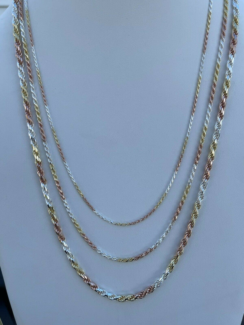 Italiano Silver, Inc Solid 925 Sterling Silver and Yellow Rose Gold Tri Color Rope Chain Necklace 2-5mm