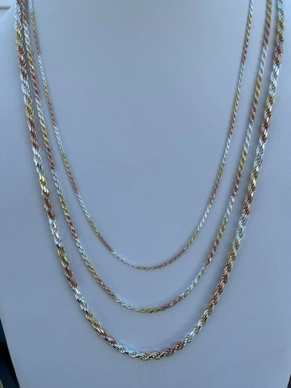 Italiano Silver, Inc Solid 925 Sterling Silver and Yellow Rose Gold Tri Color Rope Chain Necklace 2-5mm