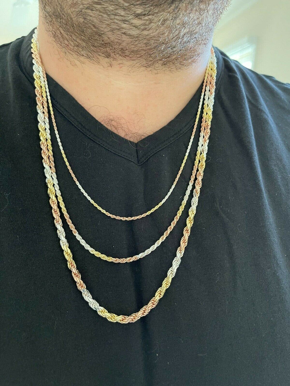 Solid 925 Sterling Silver & Yellow Rose Gold Tri Color Rope Chain