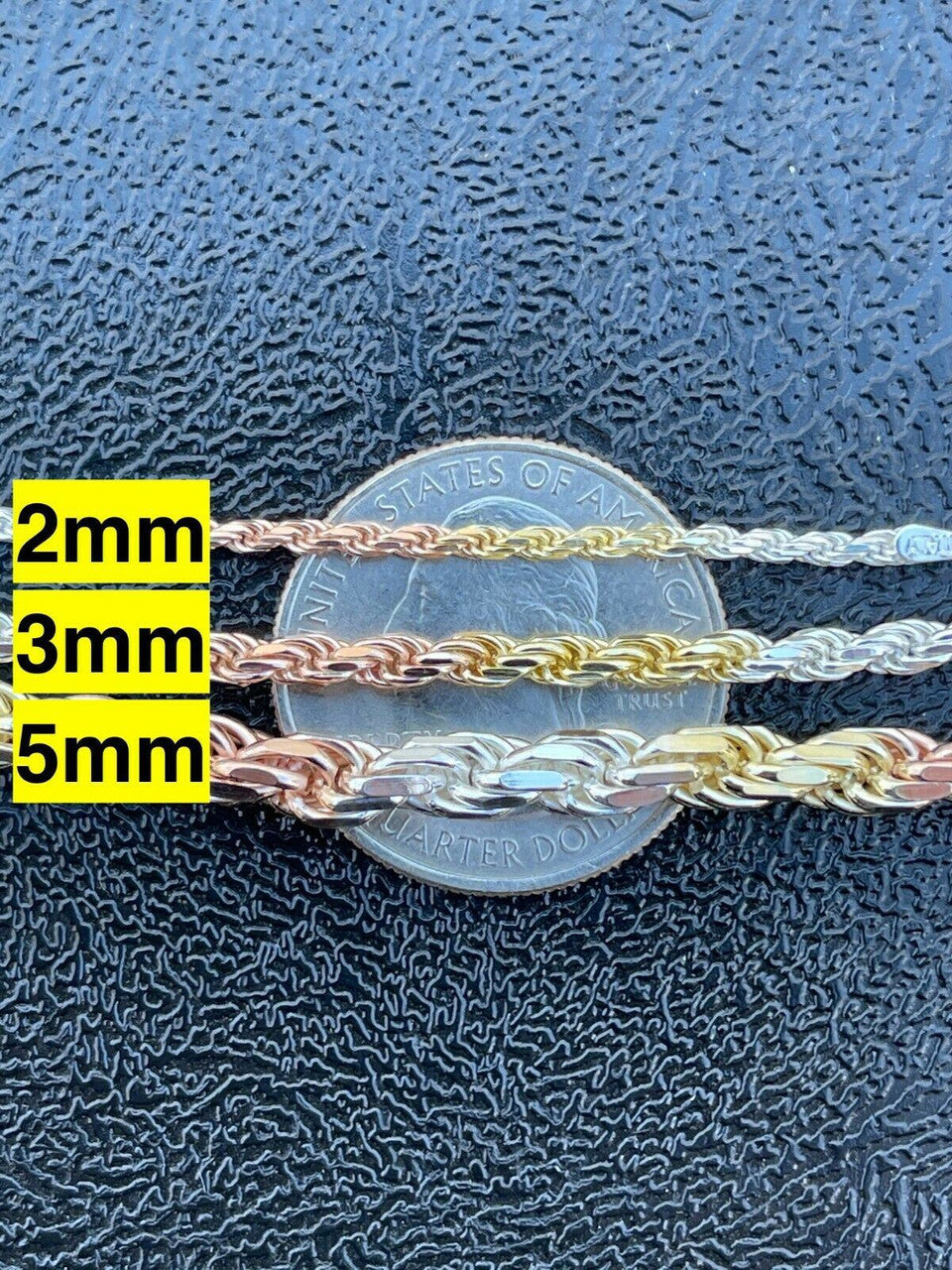 Italiano Silver, Inc Solid 925 Sterling Silver and Yellow Rose Gold Tri Color Rope Chain Necklace 2-5mm