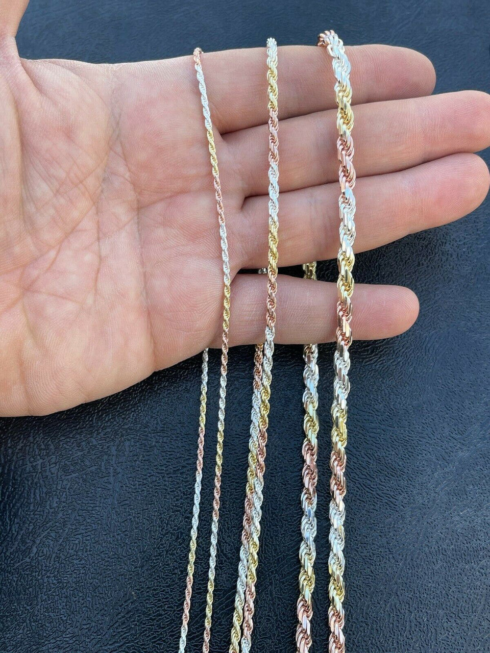 Italiano Silver, Inc Solid 925 Sterling Silver and Yellow Rose Gold Tri Color Rope Chain Necklace 2-5mm