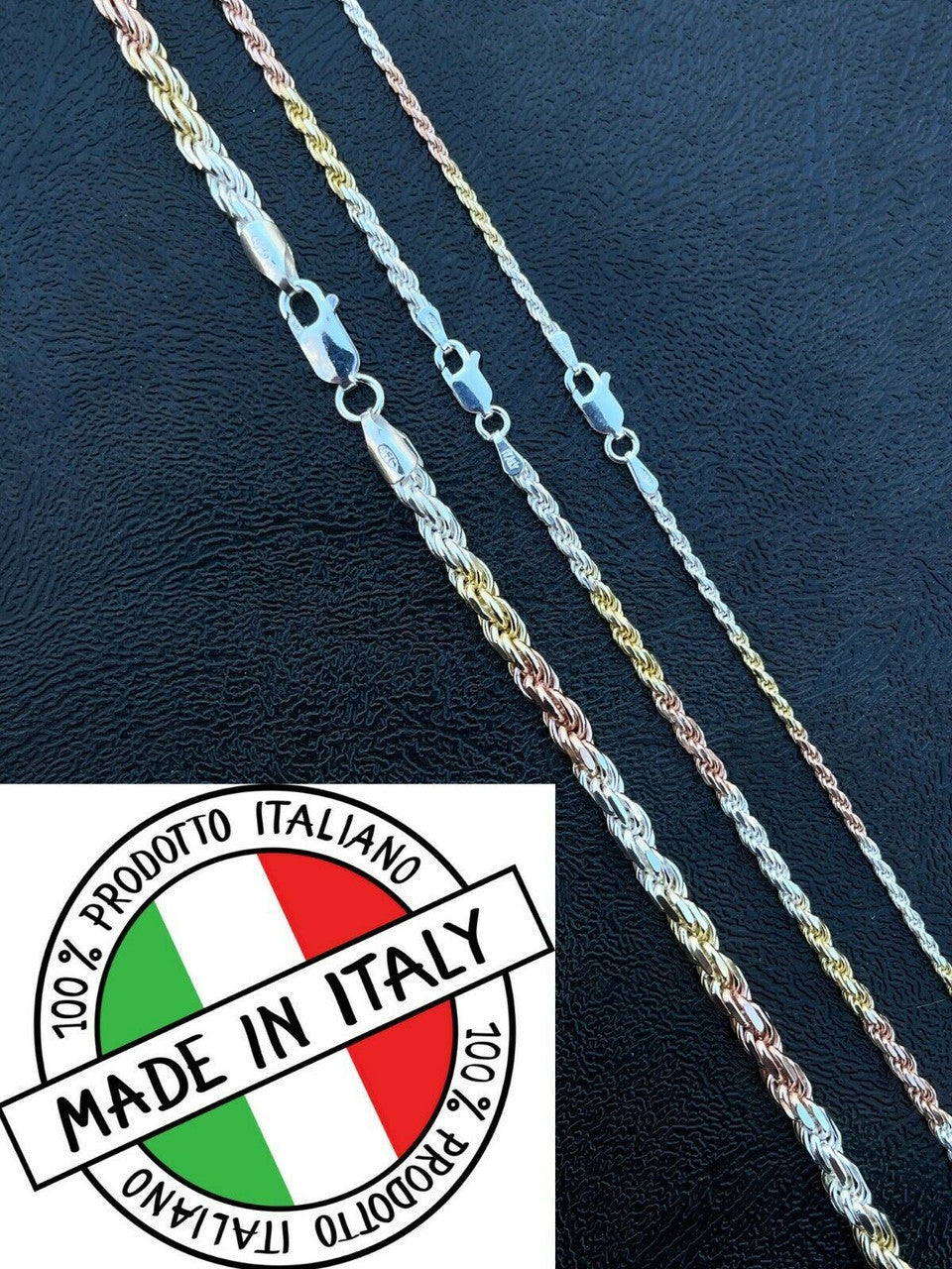 Italiano Silver, Inc Solid 925 Sterling Silver and Yellow Rose Gold Tri Color Rope Chain Necklace 2-5mm