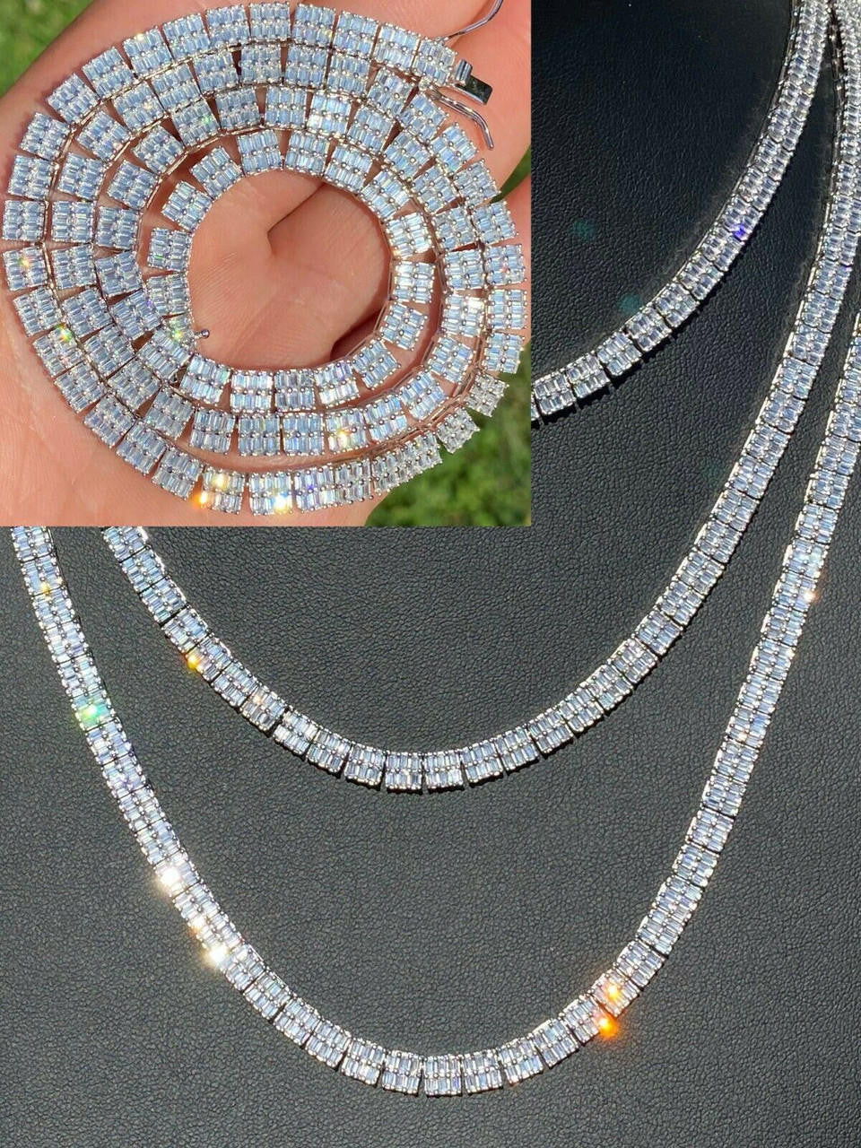 SOLID 925 Sterling Silver Baguette Tennis Chain ICED Diamond