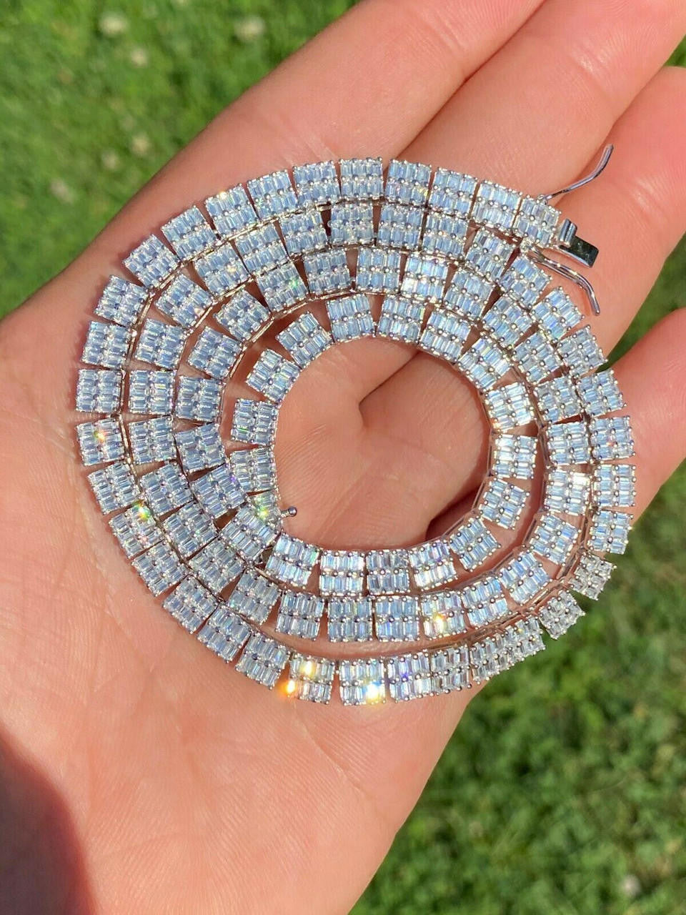 SOLID 925 Sterling Silver Baguette Tennis Chain ICED Diamond
