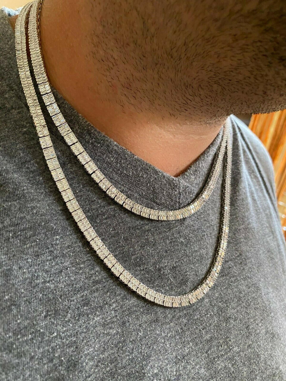SOLID 925 Sterling Silver Baguette Tennis Chain ICED Diamond
