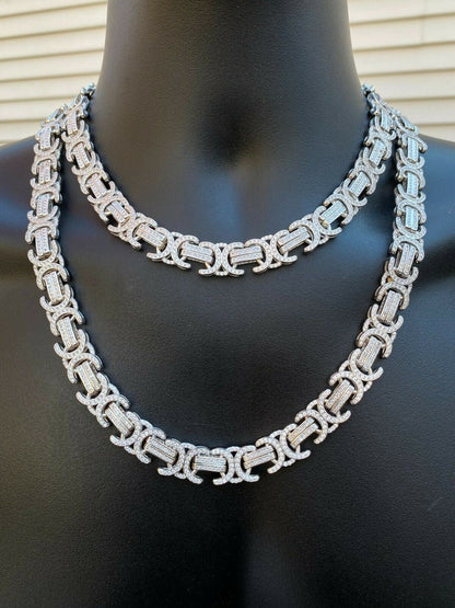 Italiano Silver, Inc Solid 925 Sterling Silver Mens Byzantine Link Chain Iced 14mm Thick Flooded Out