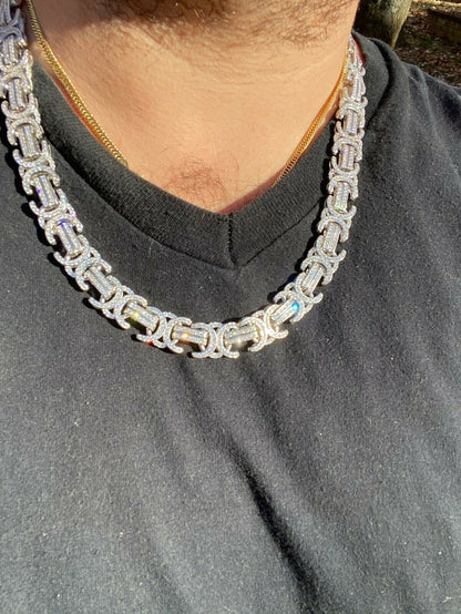 Italiano Silver, Inc Solid 925 Sterling Silver Mens Byzantine Link Chain Iced 14mm Thick Flooded Out