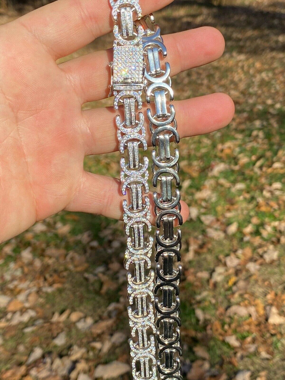 Solid 925 Sterling Silver Mens Byzantine Link Chain Iced 14mm