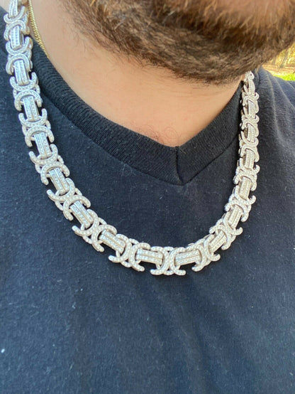 Italiano Silver, Inc Solid 925 Sterling Silver Mens Byzantine Link Chain Iced 14mm Thick Flooded Out