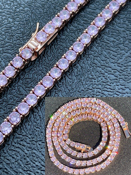 Italiano Silver, Inc Tennis Chain Real 925 Sterling Silver 14k Rose Gold Finish Pink Diamond Necklace