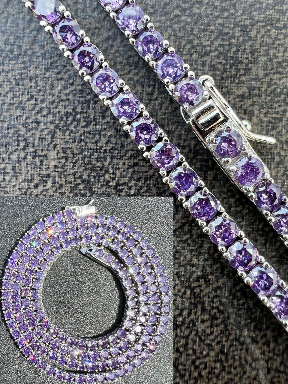 アクセサリー Glitter Tennis 4mm PURPLE Silver 51cm Tennis Chain Real 925 Sterling Silver Purple Amethyst Diamond