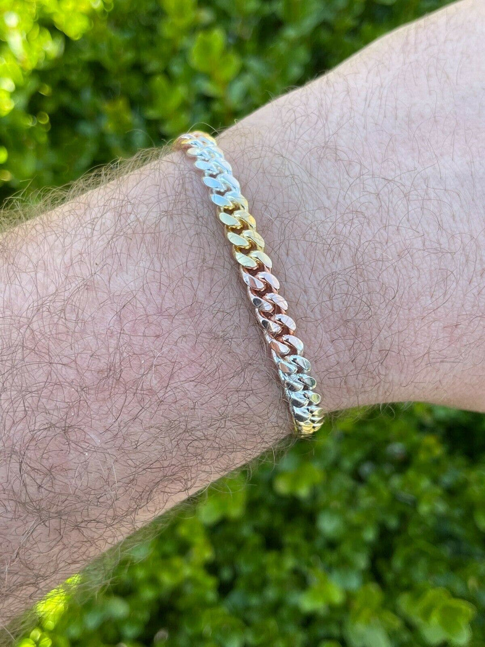 Italiano Silver, Inc Tri Color Solid 925 Silver and 14k Gold Miami Cuban Link Necklace Chain Bracelet