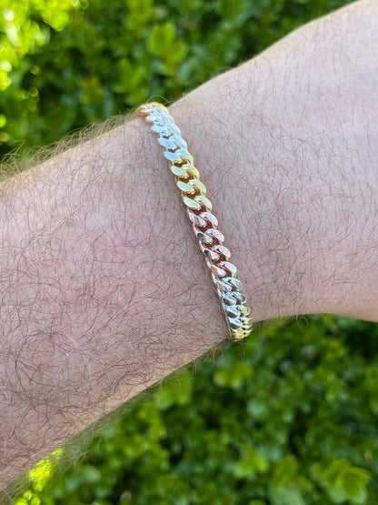 Italiano Silver, Inc Tri Color Solid 925 Silver and 14k Gold Miami Cuban Link Necklace Chain Bracelet
