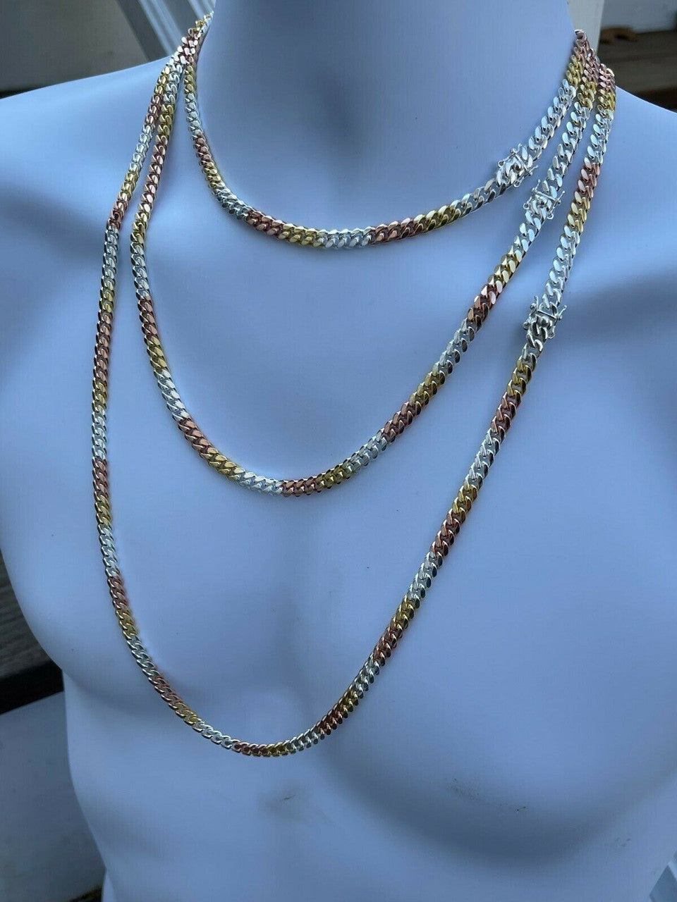 Italiano Silver, Inc Tri Color Solid 925 Silver and 14k Gold Miami Cuban Link Necklace Chain Bracelet