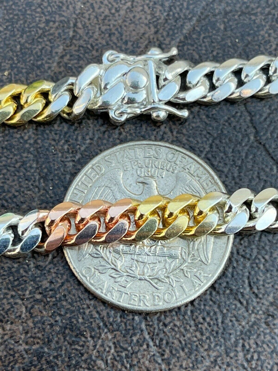 Italiano Silver, Inc Tri Color Solid 925 Silver and 14k Gold Miami Cuban Link Necklace Chain Bracelet