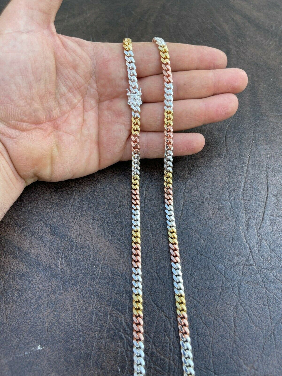 Italiano Silver, Inc Tri Color Solid 925 Silver and 14k Gold Miami Cuban Link Necklace Chain Bracelet