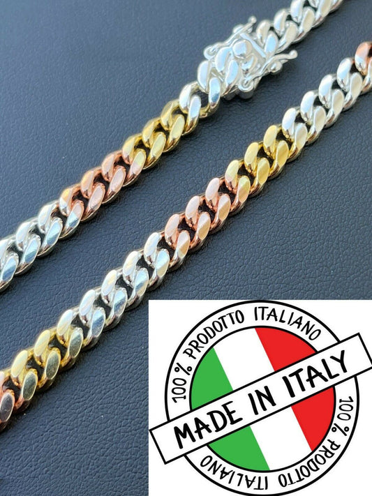 Italiano Silver, Inc Tri Color Solid 925 Silver and 14k Gold Miami Cuban Link Necklace Chain Bracelet