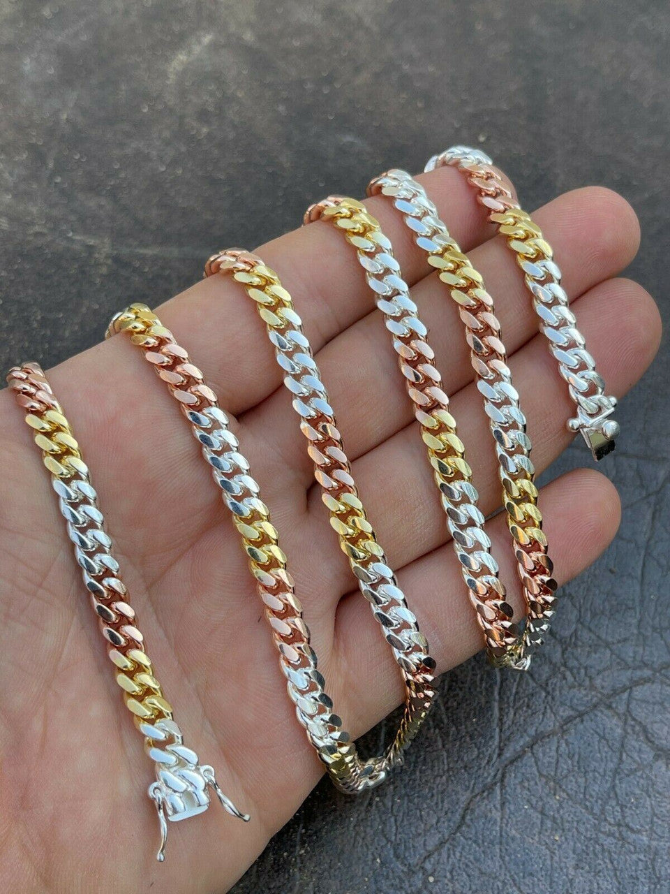 Italiano Silver, Inc Tri Color Solid 925 Silver and 14k Gold Miami Cuban Link Necklace Chain Bracelet