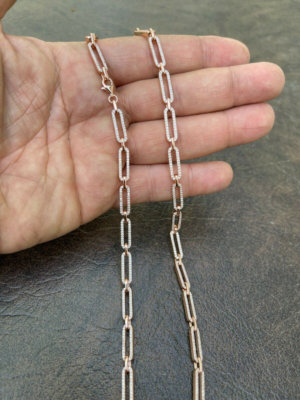 Ladies 14k Rose Gold Over Solid 925 Sterling Silver Paperclip Chain CZ 14 - 24