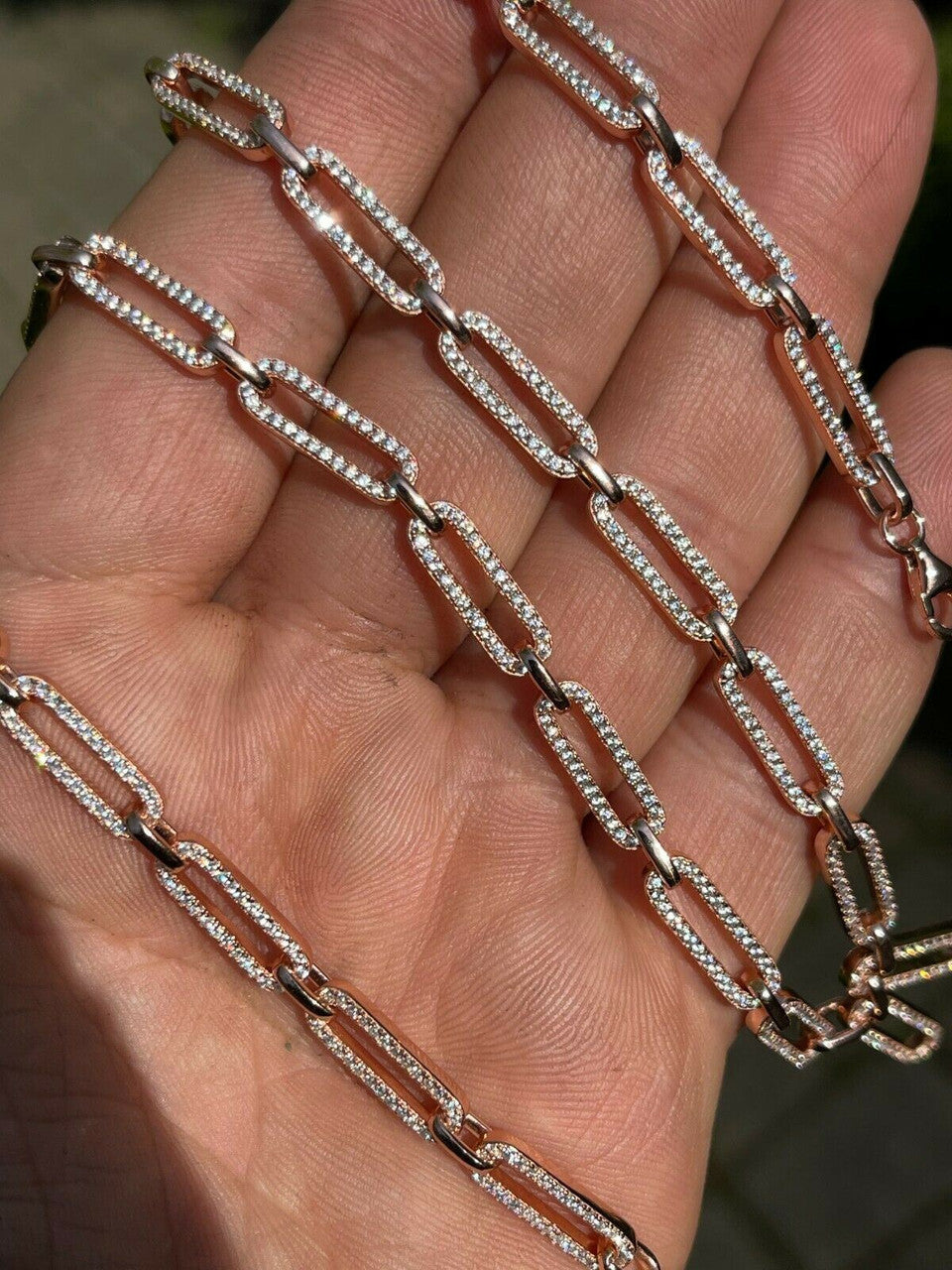 Ladies 14k Rose Gold Over Solid 925 Sterling Silver Paperclip Chain CZ 14 - 24