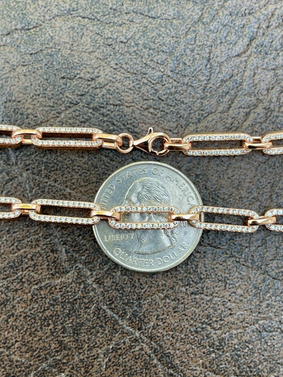 Ladies 14k Rose Gold Over Solid 925 Sterling Silver Paperclip Chain CZ 14 - 24