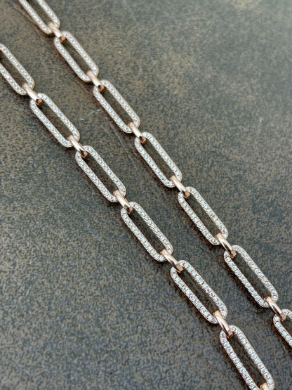 Ladies 14k Rose Gold Over Solid 925 Sterling Silver Paperclip Chain CZ 14 - 24