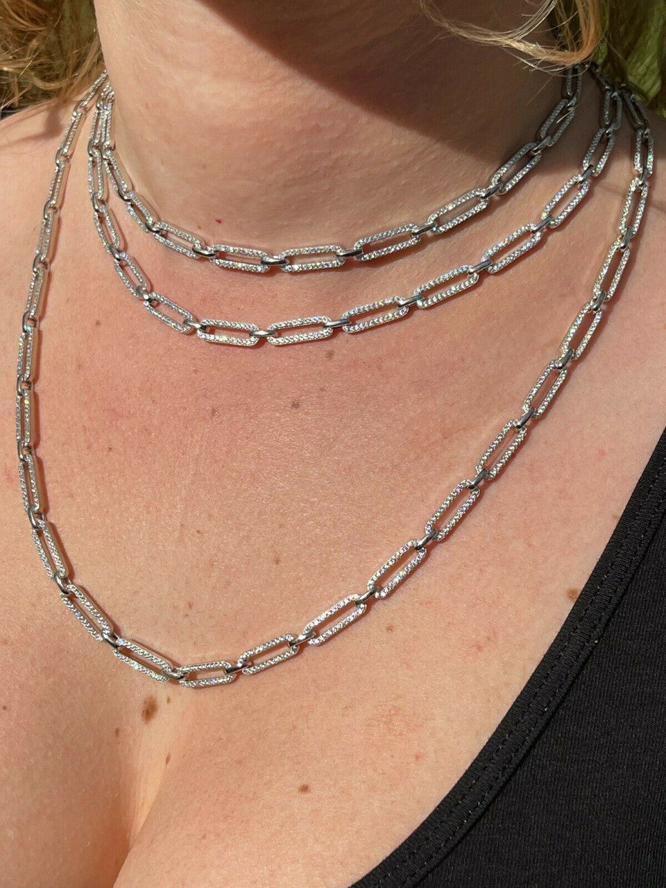 Ladies Solid 925 Sterling Silver Paperclip Chain Iced CZ 14 16 18 20 22 24