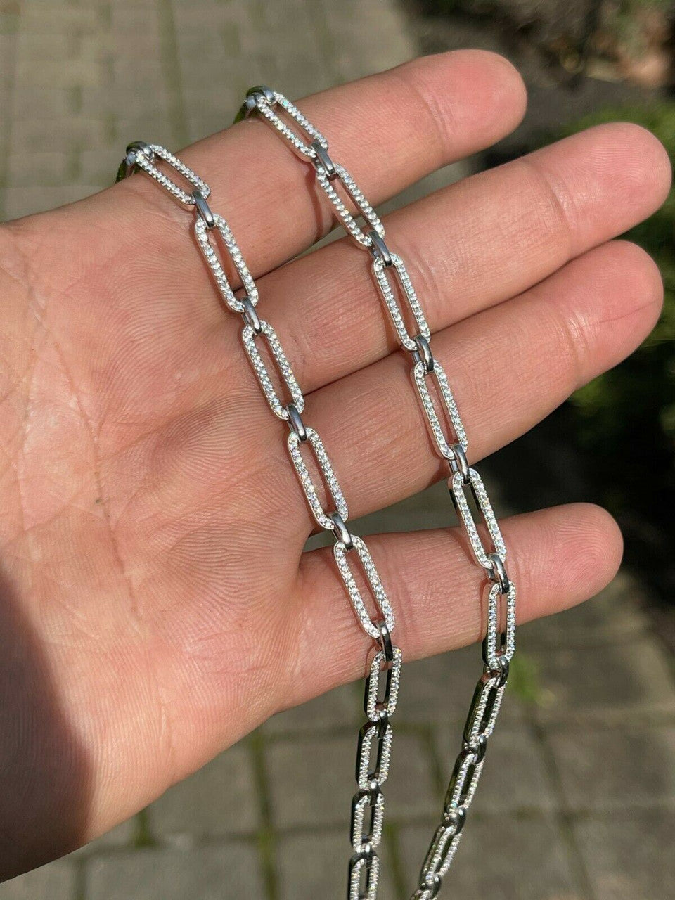 Ladies Solid 925 Sterling Silver Paperclip Chain Iced CZ 14
