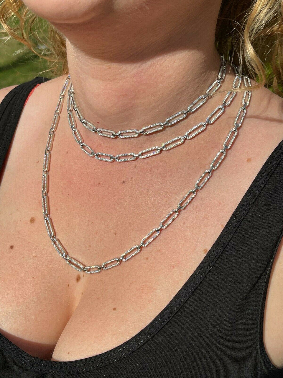 Ladies Solid 925 Sterling Silver Paperclip Chain Iced CZ 14 16 18 20 22 24