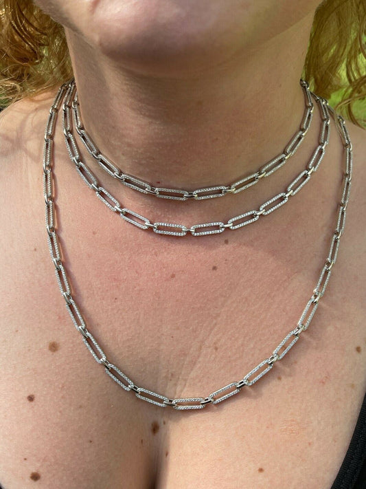 Ladies Solid 925 Sterling Silver Paperclip Chain Iced CZ 14 16 18 20 22 24