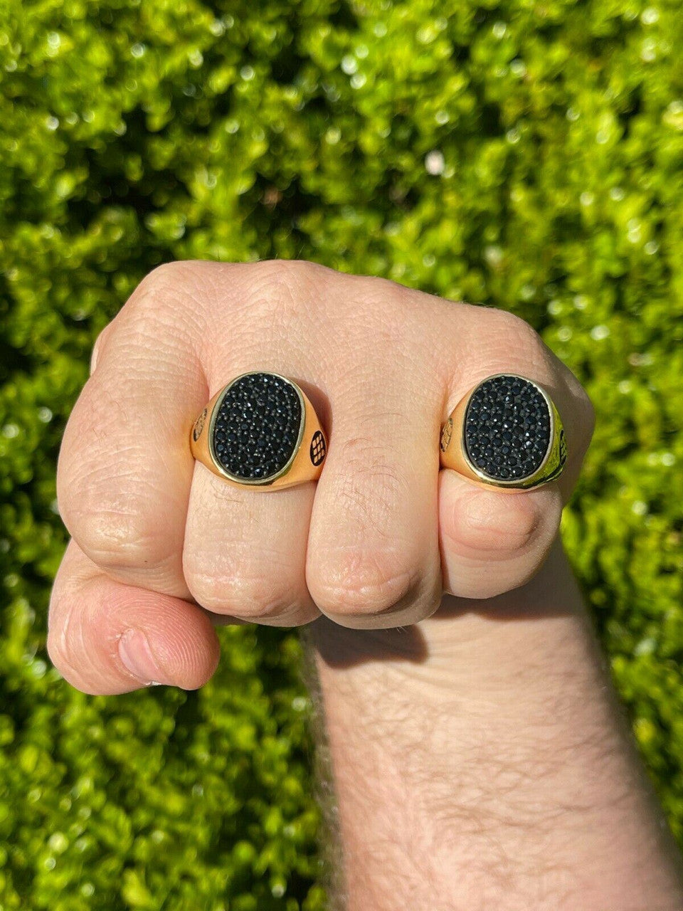 Large Mens Real 925 Sterling Silver and 14k Gold Iced Black Diamond Ring Size 7-13