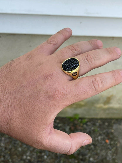 Large Mens Real 925 Sterling Silver and 14k Gold Iced Black Diamond Ring Size 7-13