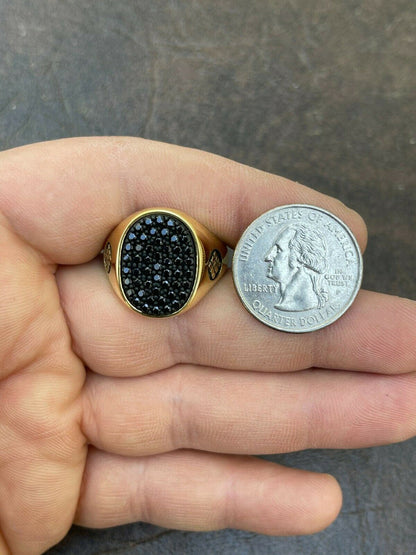 Large Mens Real 925 Sterling Silver and 14k Gold Iced Black Diamond Ring Size 7-13