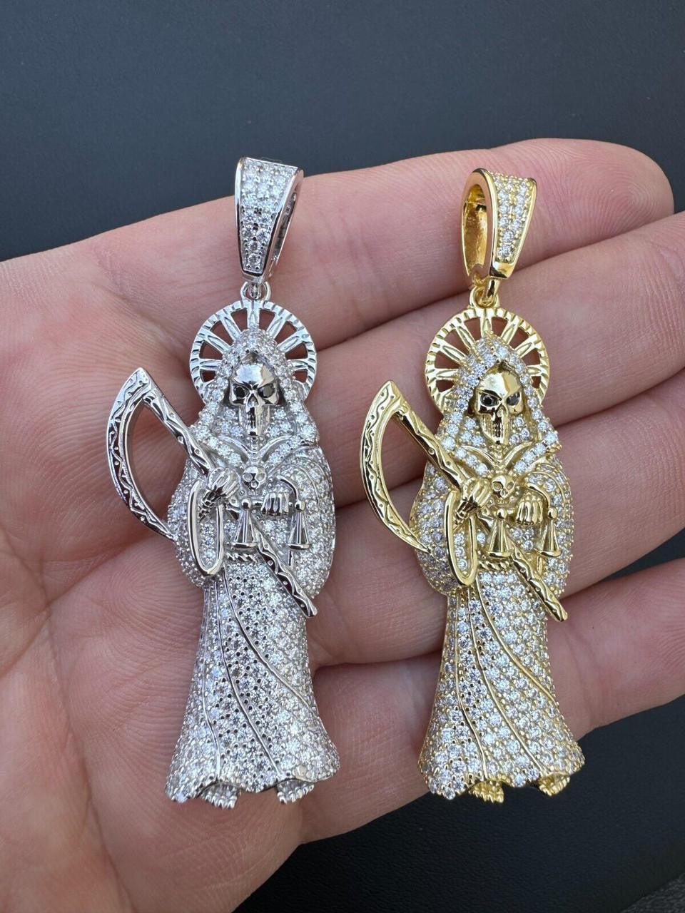 Large MOISSANITE Real 925 Silver / Gold Santa Muerte Grim Reaper Death Pendant