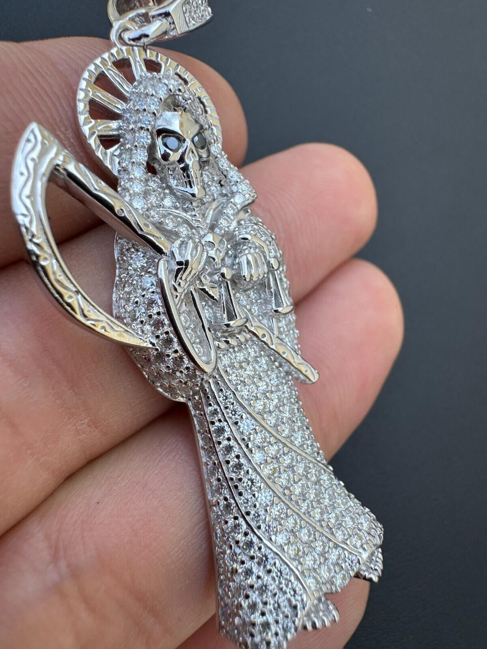 Large MOISSANITE Real 925 Silver / Gold Santa Muerte Grim Reaper Death Pendant