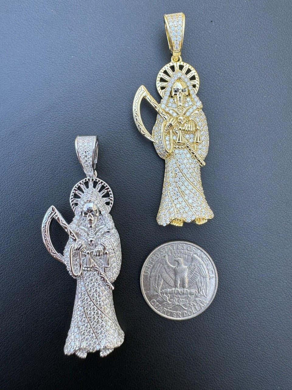 Large MOISSANITE Real 925 Silver / Gold Santa Muerte Grim Reaper Death Pendant