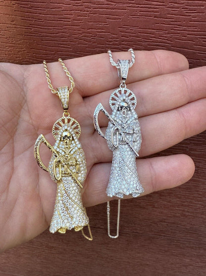 Large MOISSANITE Real 925 Silver / Gold Santa Muerte Grim Reaper Death Pendant