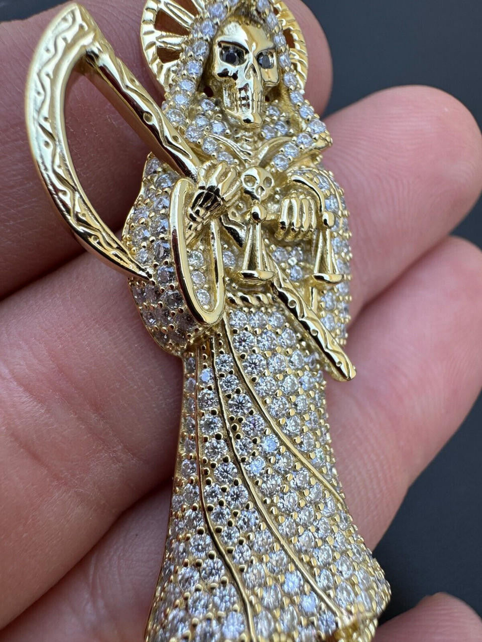 Large MOISSANITE Real 925 Silver / Gold Santa Muerte Grim Reaper Death Pendant