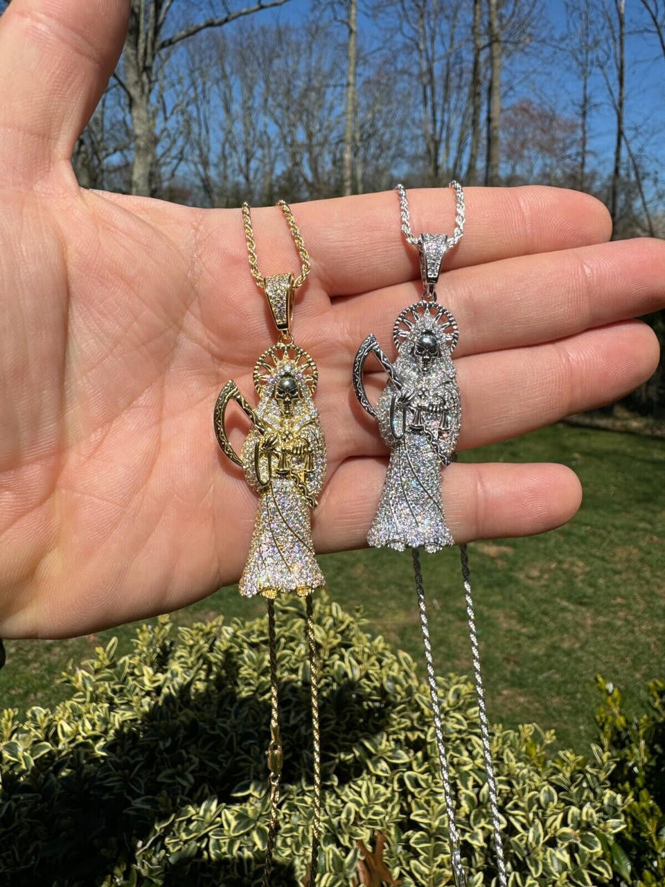 Large MOISSANITE Real 925 Silver / Gold Santa Muerte Grim Reaper Death Pendant