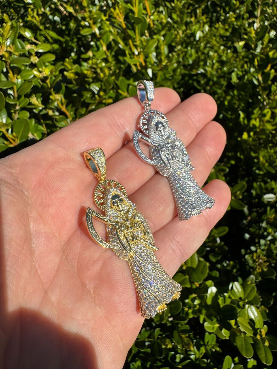 Large MOISSANITE Real 925 Silver / Gold Santa Muerte Grim Reaper Death Pendant