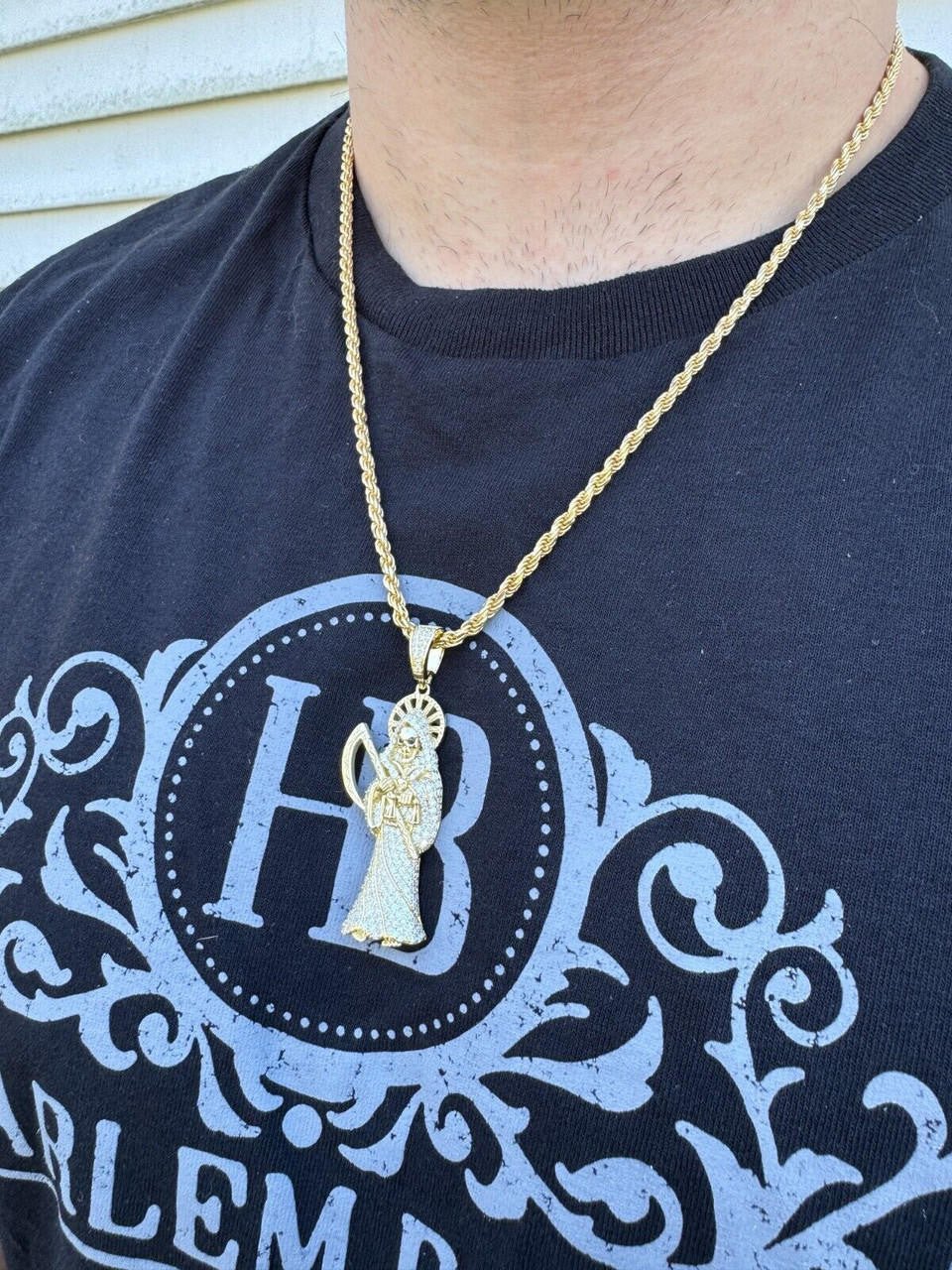 Large MOISSANITE Real 925 Silver / Gold Santa Muerte Grim Reaper Death Pendant