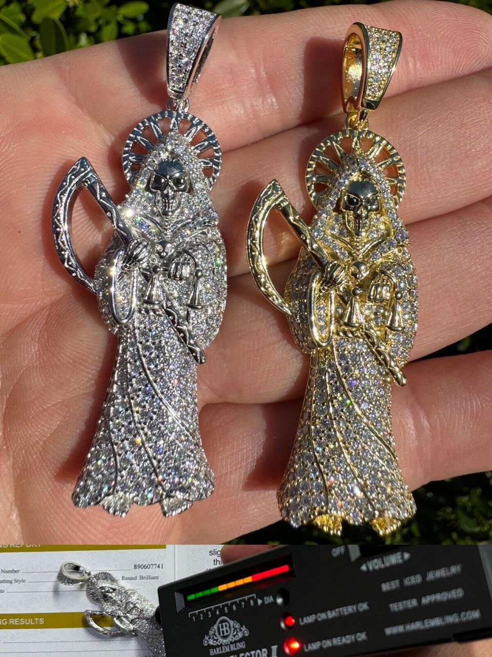 Large MOISSANITE Real 925 Silver / Gold Santa Muerte Grim Reaper Death Pendant