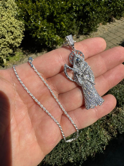 Large MOISSANITE Real 925 Silver / Gold Santa Muerte Grim Reaper Death Pendant