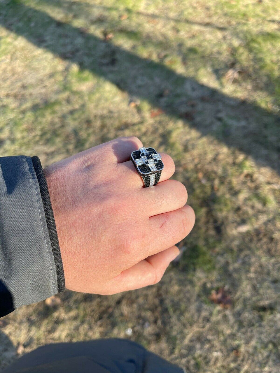 Large Real Solid 925 Sterling Silver Mens Baguette Black Diamond Ring Hip Hop