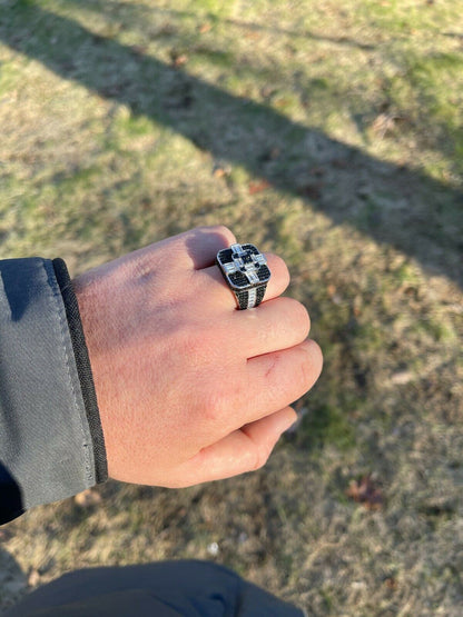 Large Real Solid 925 Sterling Silver Mens Baguette Black Diamond Ring Hip Hop